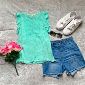 Turquoise Button Down Ruffled Sleeve Top